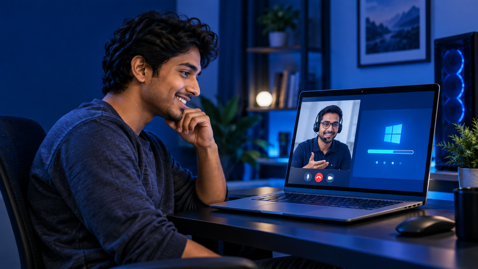 নিজের কম্পিউটারে কাজ শেখার সময় ভিডিও কলে একজন support agent-এর সহায়তা নিচ্ছেন একজন ব্যবহারকারী